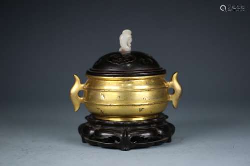 A Chinese Gilt Bronze Two-Ear Censer With Rosewood Base And Cover