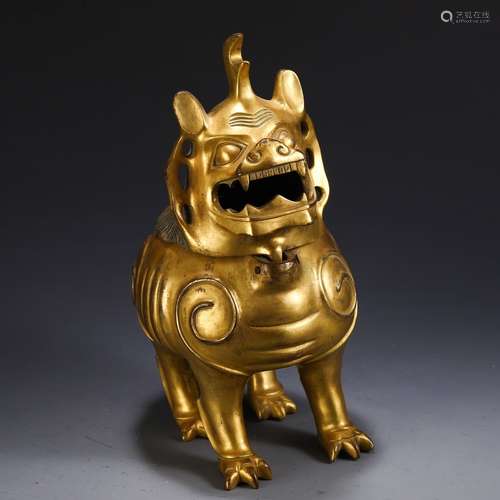 A Chinese Gilt Bronze Beast-Shaped Censer