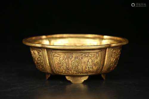 A Chinese Gilt Bronze Container With Floral Carving