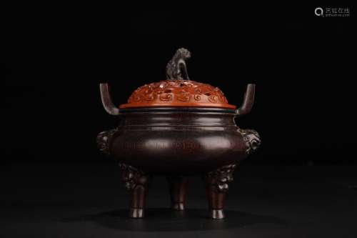 A Chinese Rosewood Tripod Censer With Cover