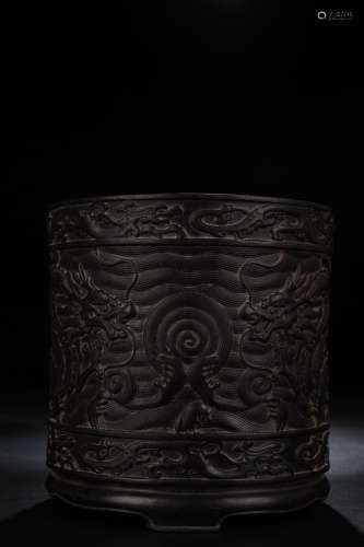 A Chinese Rosewood Brush Pot With Dragon Carving