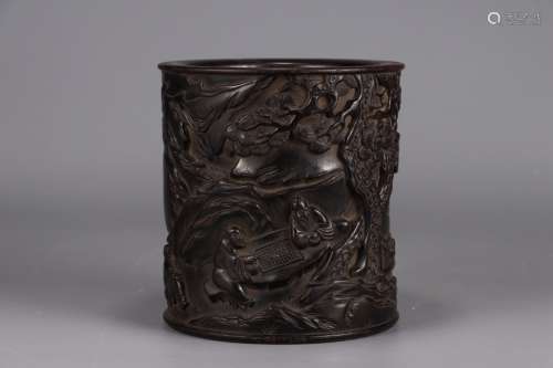 A Chinese Rosewood Brush Pot Of Story-Telling Carving