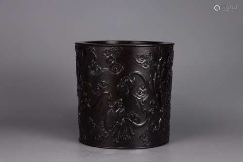 A Chinese Rosewood Brush Pot Of Cloud Carving