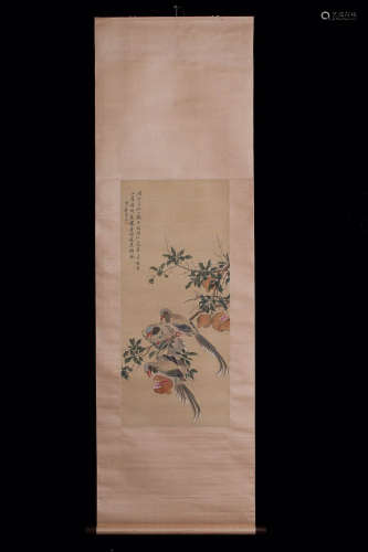 A Chinese Vertical Axis Painting Of Bird&Floral  Ma Yuannu mark