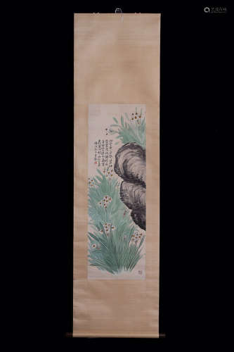 A Chinese Vertical Axis Painting Of Floral  Lai Chusheng mark