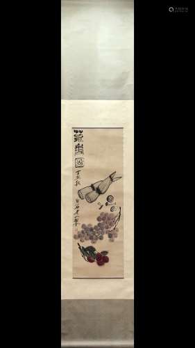 A Chinese Vertical Axis Painting mark Qi Baishi