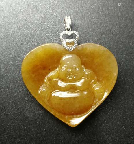 An 18K White Gold Waxy Yellow Jadeite Pendant Embeded Diamond, Class A