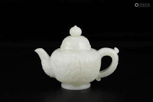 A Chinese Hetian Jade Teapot Of Landscape Carving