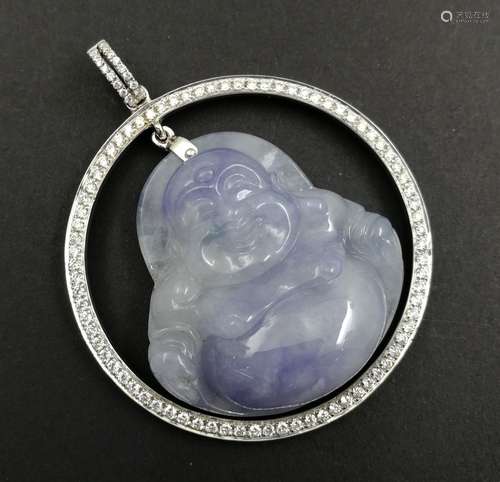 An 18K White Gold Waxy Jadeite Pendant Embeded Diamond, Class A