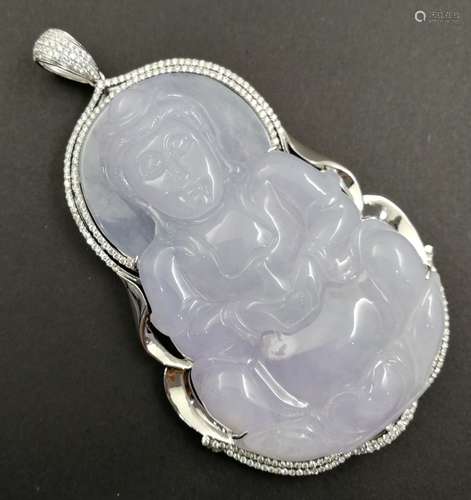 An 18K White Gold Glassy Purple Jadeite Pendant Embeded Diamond, Class A