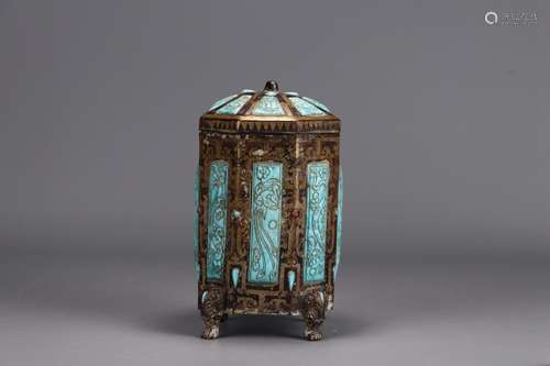 A Chinese Bronze Censer Embeded Turquoise Stone