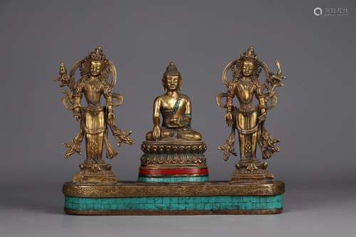 A Chinese Gilt Bronze Ornament Of Three Buddhas