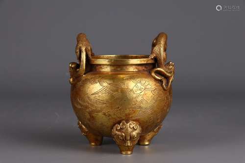 A Chinese Gilt Bronze Tripod Censer With Dragon Carving