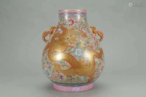 A Chinese Famille Rose Porcelain Vase With Mark Of Dragon Gilting