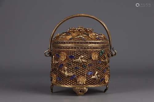 A Chinese Gilt Silver Censer With Handle&Cover Embeded Gems