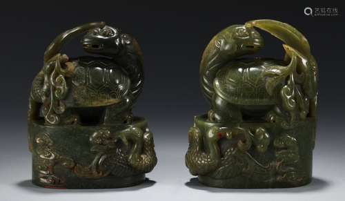 Pair Of Chinese Jasper Seals Of Beast Shaped