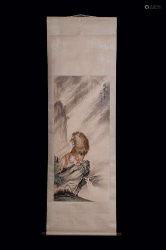 A Chinese Vertical Axis Painting Of Lion  Ge Xianglan mark