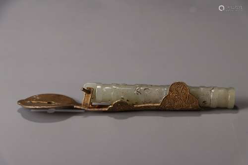 A Chinese Hetian Jade Tube With Gilt Bronze Embeded