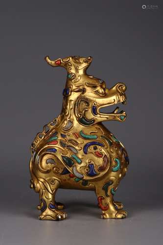 A Chinese Gilt Bronze Beast Censer Embeded Gems