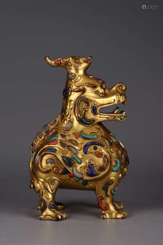 A Chinese Gilt Bronze Beast Censer Embeded Gems