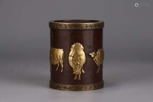 A Chinese Bronze Brush Pot Of Gilding With Mark