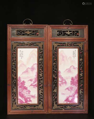WANG YETING: PAIR OF PORCELAIN 'LANDSCAPE SCENERY' HANGING PLAQUES
