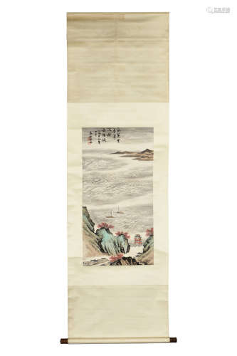 QIN ZHONGWEN: INK AND COLOR ON PAPER PAINTING 'LANDSCAPE SCENERY'
