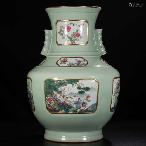 CELADON GLAZED OPEN MEDALLION 'FLOWERS AND BIRDS' VASE WITH LUG HANDLES