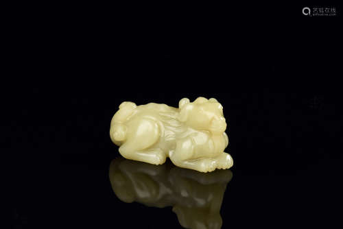 YELLOW JADE CARVED 'MYTHICAL BEAST' FIGURE