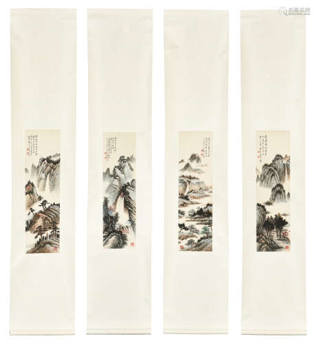 HUANG JUNBI: SET OF FOUR INK AND COLOR ON PAPER PAINTING 'MOUNTAIN SCENERY'