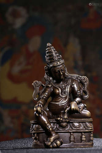 BRONZE CAST SILVER INLAID 'YELLOW JAMBHALA' SEATED FIGURE