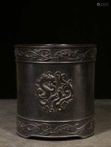 ZITAN WOOD CARVED 'DRAGONS' BRUSH POT