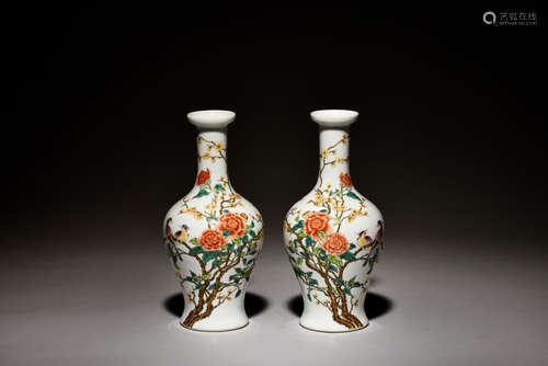 PAIR OF FAMILLE ROSE 'FLOWERS AND BIRDS' VASES