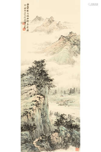 HUANG JUNBI: INK AND COLOR ON PAPER PAINTING 'MOUNTAIN SCENERY'