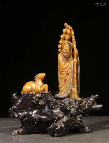 TIANHUANG SOAPSTONE CARVED 'ELDER AND GOAT' FIGURAL GROUP