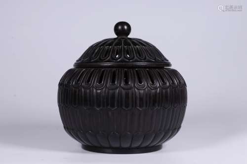 ZITAN WOOD OPENWORK CARVED 'BANANA LEAVES' CENSER WITH LID