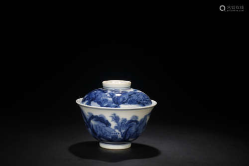 BLUE AND WHITE 'LANDSCAPE SCENERY' CUP WITH LID