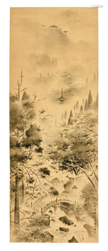 WANG ZHUAN: INK ON SILK PAINTING 'MOUNTAIN SCENERY'