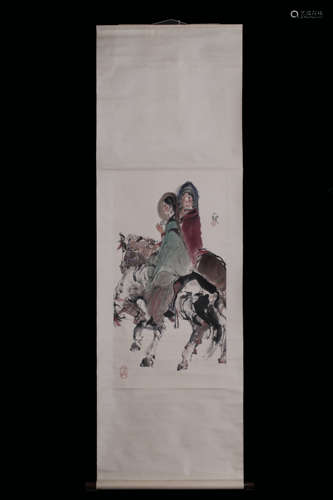 CHENG SHIFA: INK AND COLOR ON PAPER PAINTING 'GIRLS ON HORSES'