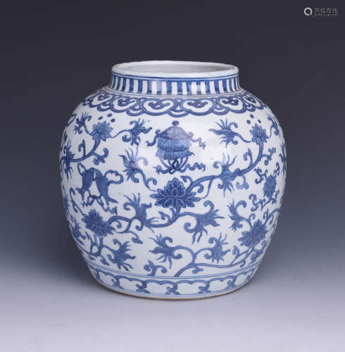 BLUE AND WHITE 'EIGHT TREASURES' JAR