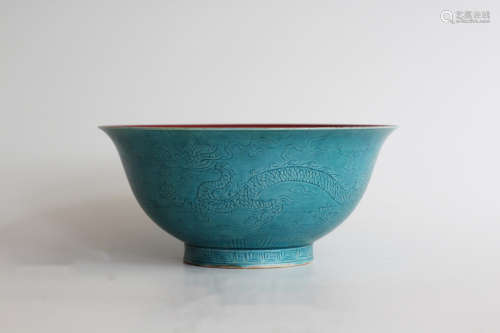 TURQUOISE GLAZED AND INCISED 'DRAGON' BOWL