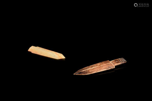 TWO JADE CARVED SPEAR TIP ORNAMENTS