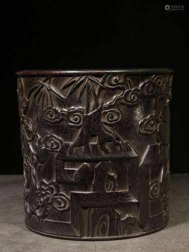 ZITAN WOOD CARVED 'AUSPICIOUS' BRUSH POT