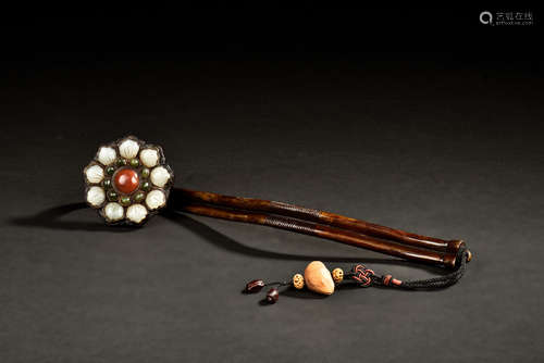 BRONZE CAST AND JADE INSET RUYI SCEPTER