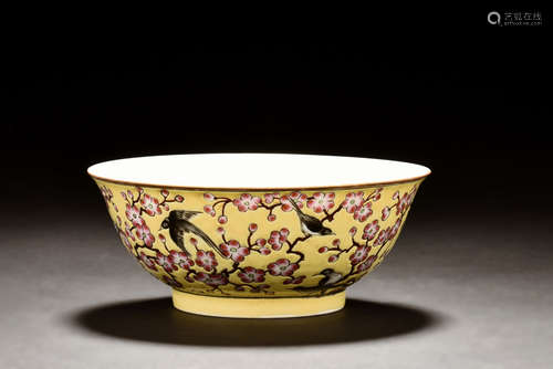 FAMILLE ROSE AND YELLOW GROUND 'BIRDS AND FLOWERS' BOWL