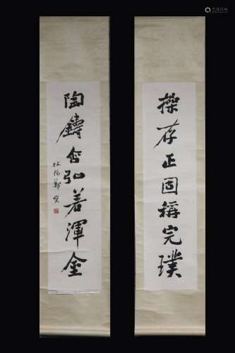 ZHENG BANQIAO: PAIR OF INK ON PAPER RHYTHM COUPLET CALLIGRAPHY