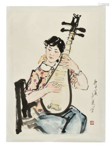 YANG ZHIGUANG: INK AND COLOR ON PAPER PAINTING 'MUSICIAN'