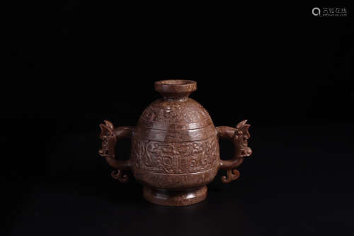 HETIAN JADE CARVED 'TAOTIE MASK' CENSER WITH CHILONG HANDLES AND LID