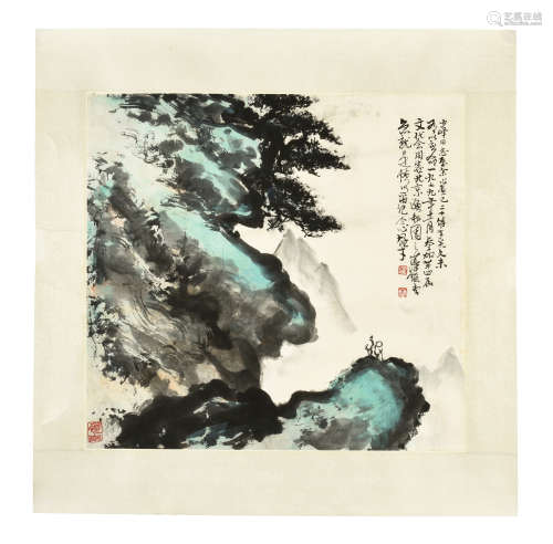 LI XIONGCAI: INK AND COLOR ON PAPER PAINTING 'MOUNTAIN SCENERY'