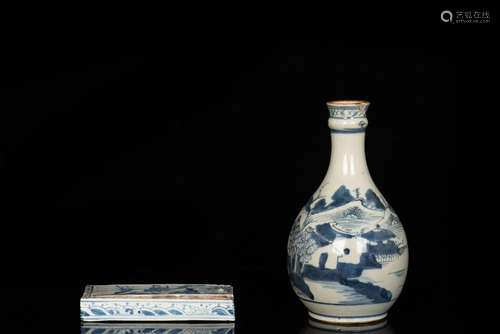 BLUE AND WHITE INK STONE BOX AND VASE